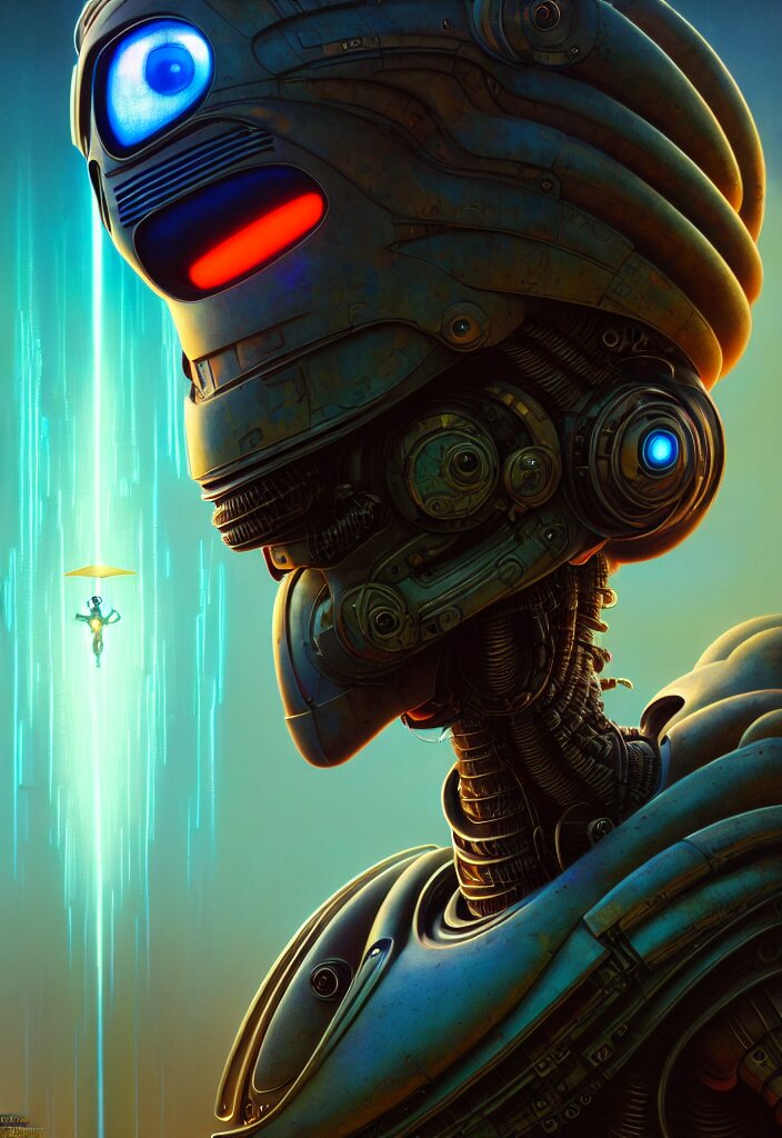 cinematic portrait of cute robot, faded colors, exotic alien features, cyber background, tim hildebrandt, wayne barlowe, bruce pennington, donato giancola, larry elmore, masterpiece, trending on artstation, featured on pixiv, zack snyder, cinematic composition, beautiful lighting, sharp, details, hyper - detailed, hd, hdr, 4 k, 8 k 