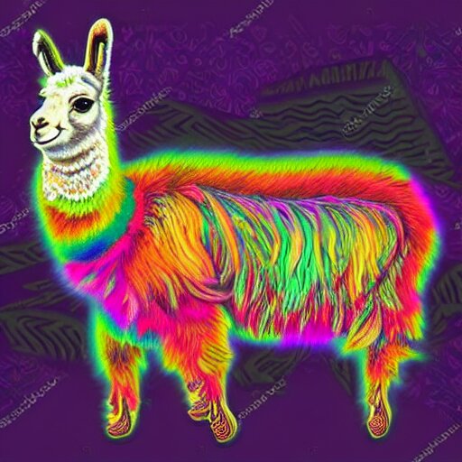 psychedelic, photorealistic, colorfully llama in a maximalist style on a background that fades to black 