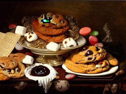 opulent banquet of plates of freshly baked chocolate chip cookies, jelly beans, chocolate sauce, marshmallows, highly detailed, food photography, art by rembrandt 