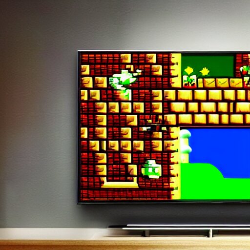 “Mario playing Super Mario on a large flat screen TV, digital art, touching, soft shadows, pop art, unreal engine”