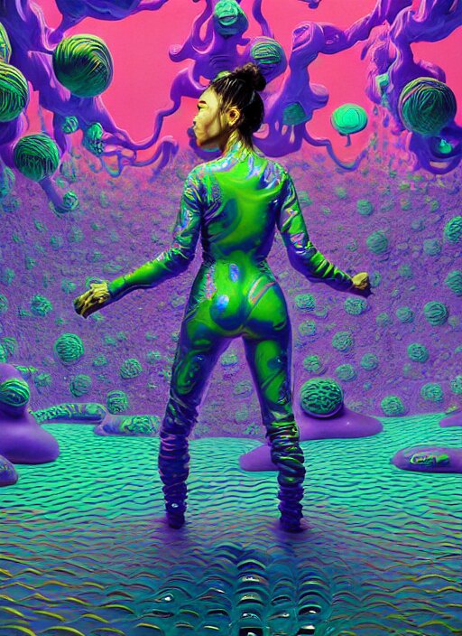 insanely detailed procedural render, expressive, dynamic, fluid fun punchy action music video, girl wanders art museum museum, inside slime field spacesuit, dancing so cool awesome, photorealism, sharp focus, award winning, tristan eaton, victo ngai,, maxfield parrish, artgerm, ryden, intricate details, portrait, bokeh 