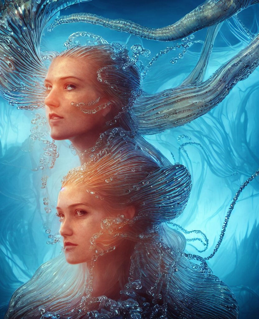 close-up portrait of the face of a beautiful princess in a twisted glass mask floating on the edge of the water, epic angle and pose, symmetrical artwork, 3d with depth of field, blurred background, cybernetic jellyfish female face skull phoenix bird, translucent, nautilus, energy flows of water and fire. a highly detailed epic cinematic concept art CG render. made in Maya, Blender and Photoshop, octane render, excellent composition, cinematic dystopian brutalist atmosphere, dynamic dramatic cinematic lighting, aesthetic, very inspirational, arthouse. y Greg Rutkowski, Ilya Kuvshinov, WLOP, Stanley Artgerm Lau, Ruan Jia and Fenghua Zhong