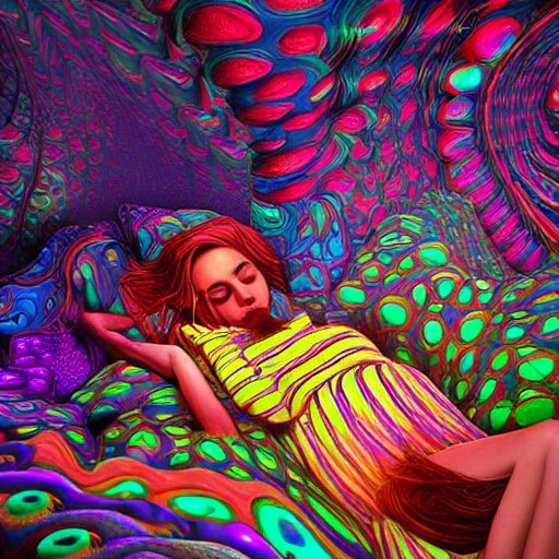 photorealistic sleeping in a trippy psychedelic world. hyperdetailed photorealism, 1 0 8 megapixels, amazing depth, high resolution, 3 d shading, 3 d finalrender, 3 d cinematic lighting, glowing rich colors, psychedelic overtones, artstation concept art. 