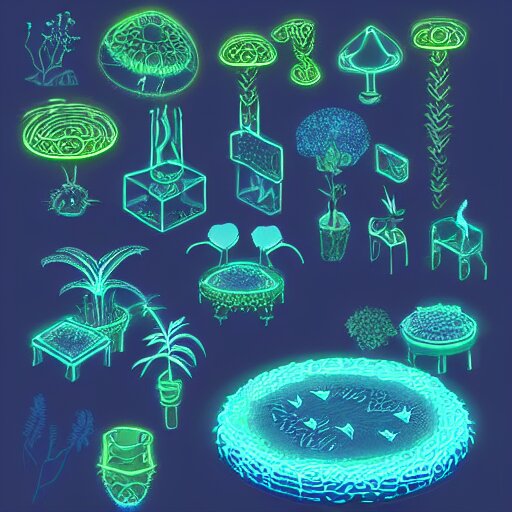 concept art 2 d game asset of furniture with an organic isometric design based on bioluminescent alien - like plants inspired by the avatar's bioluminescent alien nature. around the furniture, we can see plants that glow in the dark. all in isometric perspective and semi - realistic style item is in a black background colorful neons surrealistic masterpiece 