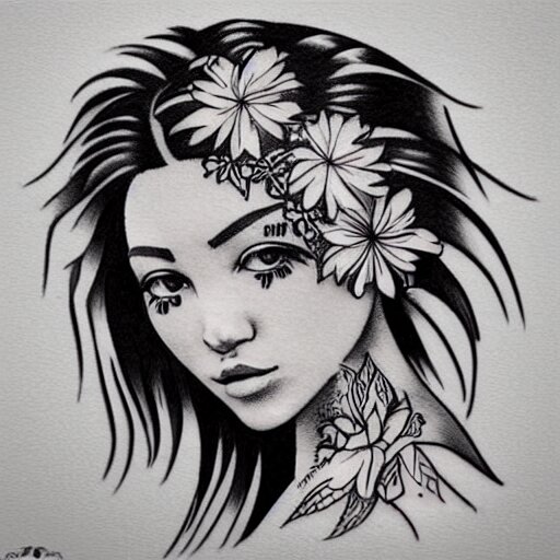 tattoo design, stencil, beach photography, tattoo stencil, traditional, beautiful portrait of a traditional Hawaiian girl with flowers in her hair, upper body, by artgerm, artgerm, artgerm, digital art, cat girl, anime eyes, anime, sexy, super model-s 100