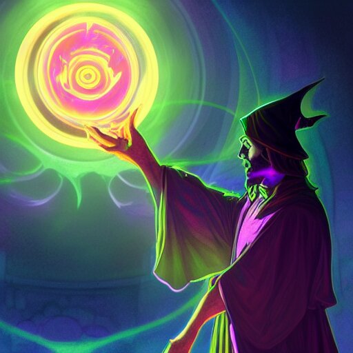 a warlock is casting a magic spell, while magic orb is floating in his hand, the magic orb emit a rainbow vapour, dynamic pose, chromatic aberration , medium level shot, Mucha style , Grim fantasy, illustration ,concept art,