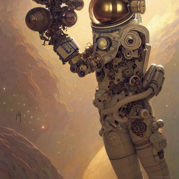 organic cyborg Russian cosmonaut, diffuse lighting, fantasy, intricate, elegant, highly detailed, lifelike, photorealistic, digital painting, artstation, illustration, concept art, smooth, sharp focus, art by John Collier and Albert Aublet and Krenz Cushart and Artem Demura and Alphonse Mucha