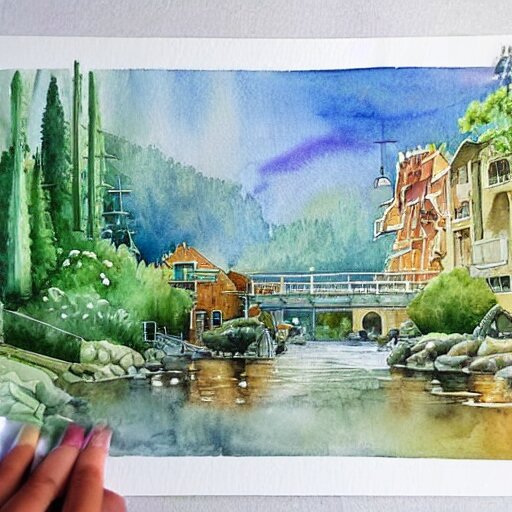 Beautiful happy picturesque charming sci-fi town in harmony with nature. Beautiful light. Water and plants. Nice colour scheme, soft warm colour. Beautiful detailed artsy watercolor by Vincent. (2022)