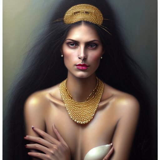 Facial portrait of a gorgeous girl, looking away from the camera, seductive smile, heavy gold jewellery, gold and pearl necklaces, elegant revealing intricate dress, sparkle in eyes, lips slightly parted, long flowing hair, no hands visible, delicate, teasing, arrogant, defiant, bored, mysterious, intricate, extremely detailed painting by Mark Brooks (and by Greg Rutkowski), visible brushstrokes, thick paint visible, no light reflecting off paint, vibrant colors, studio lighting