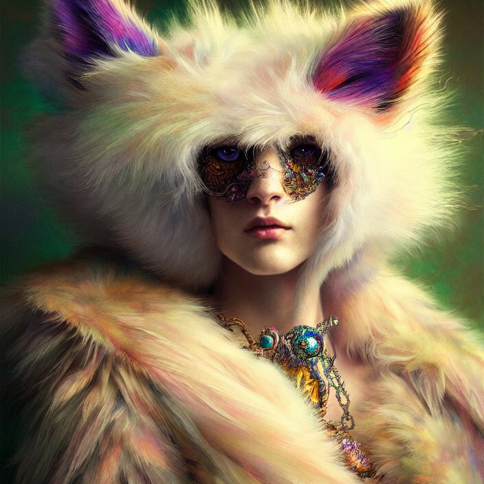 psychedelic fluffy furry animal cyborg, diffuse lighting, fantasy, intricate, elegant, highly detailed, lifelike, photorealistic, digital painting, artstation, illustration, concept art, smooth, sharp focus, art by John Collier and Albert Aublet and Krenz Cushart and Artem Demura and Alphonse Mucha