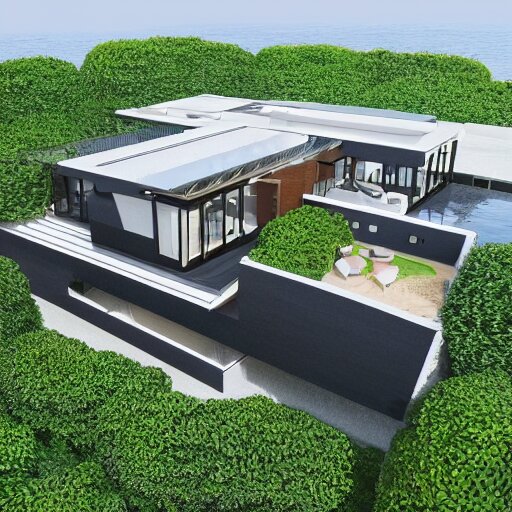 a black modern mansion on an island by itself, award winning, 8k, ultra realistic,