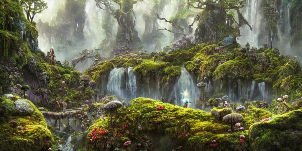 fairyland scenery landscape, lord of the rings, waterfalls, monoliths, flowers, mushroom structures, moss highly detailed, vivid color, perfect lighting, perfect composition, 8 k, brian froud, artgerm, derek zabrocki, greg rutkowski 