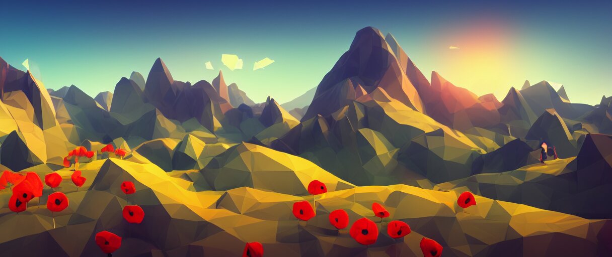 3 d render, mountain landscape, digital art, low poly art, minimalist, poppy, journey game, lowpoly landscape, particles floating, unreal engine, dreamy, brush strokes, bounce light, sunny, complementary palette, redsinski 