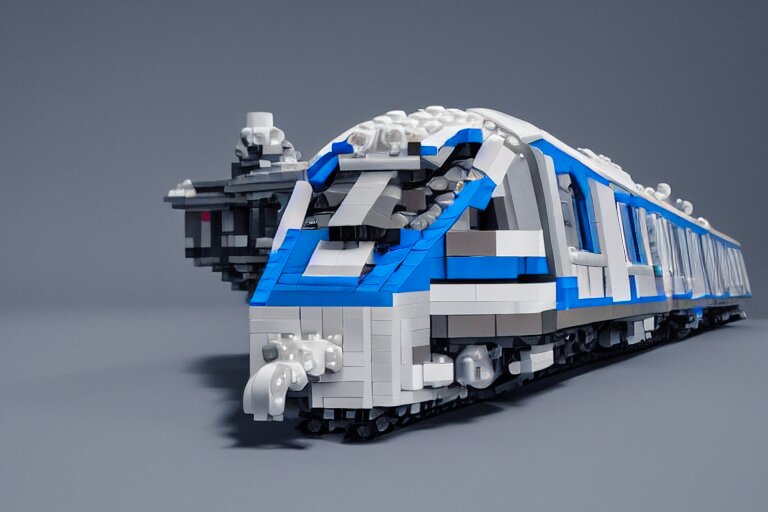 futuristic train made out of Lego, octane render, white, grey and blue, studio light, 35mm,