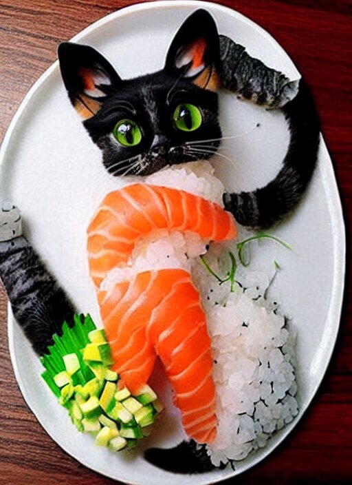 clear photorealistic picture of adorable cats made out of sushi 