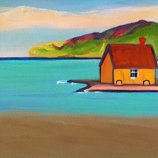 A painting of a cozy cottage with a view of the beach