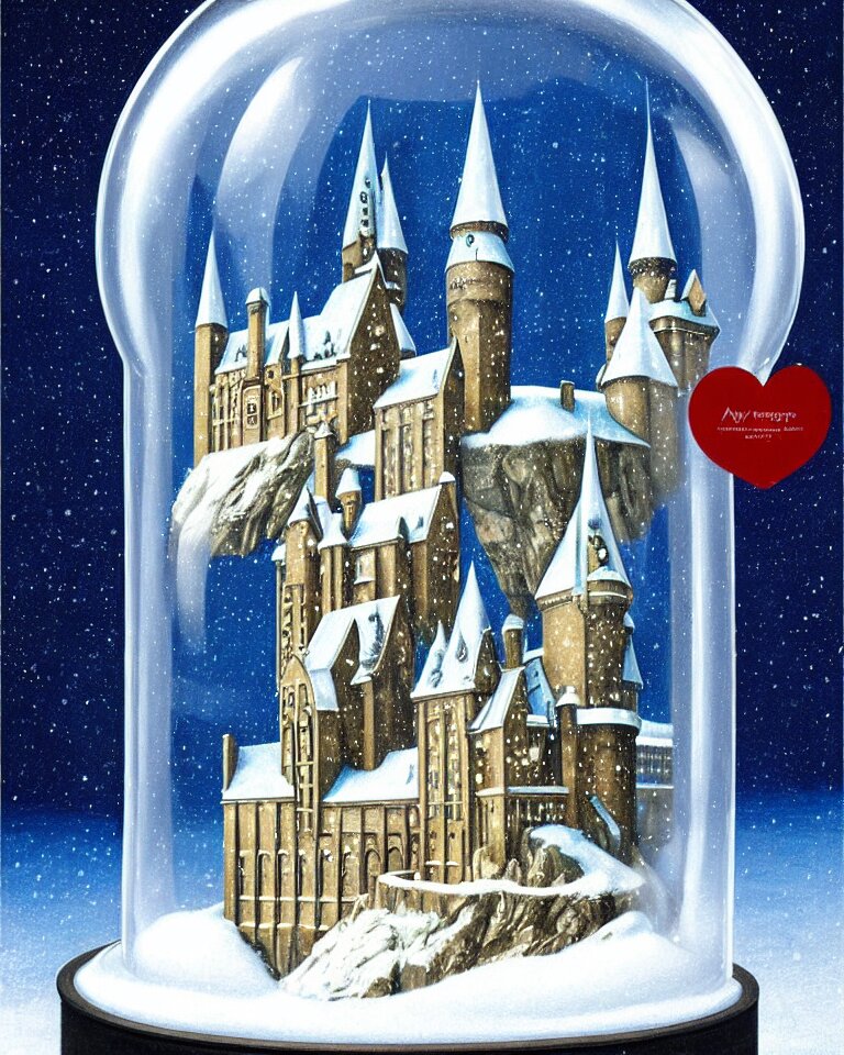 an achingly beautiful print of one snow globe with hogwarts inside by raphael, hopper, and rene magritte. detailed, proportional, romantic, vibrant, enchanting, trending on artstation 