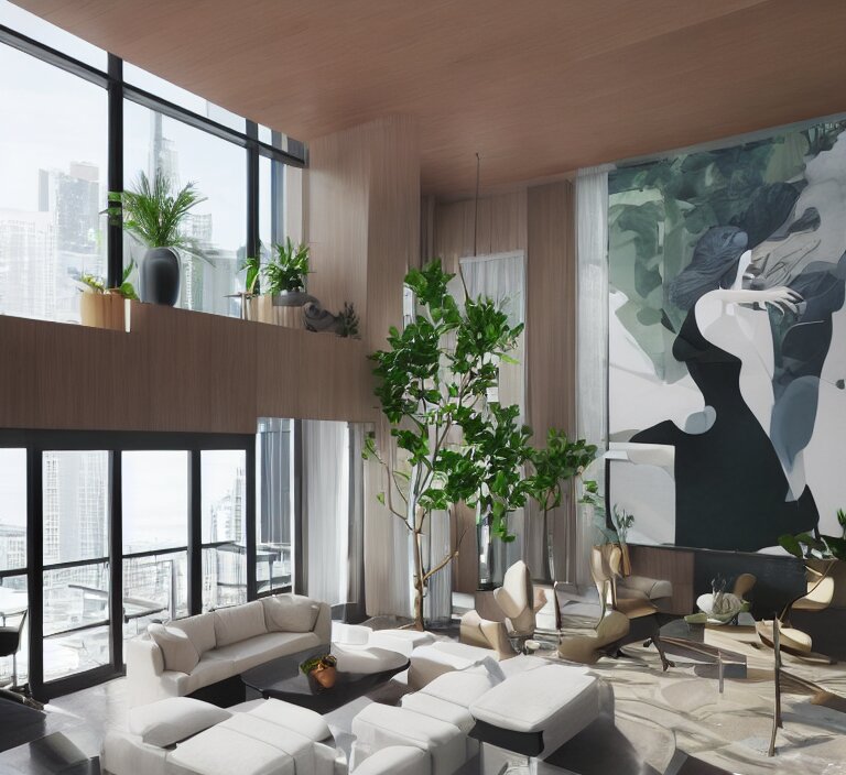 interior of luxury condominium with minimalist furniture and lush house plants and abstract wall paintings | modern architecture by makoto shinkai, ilya kuvshinov, lois van baarle, rossdraws and frank lloyd wright 