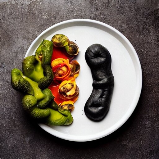 a meal of strange and disgusting, but also futuristic designer food, food photography