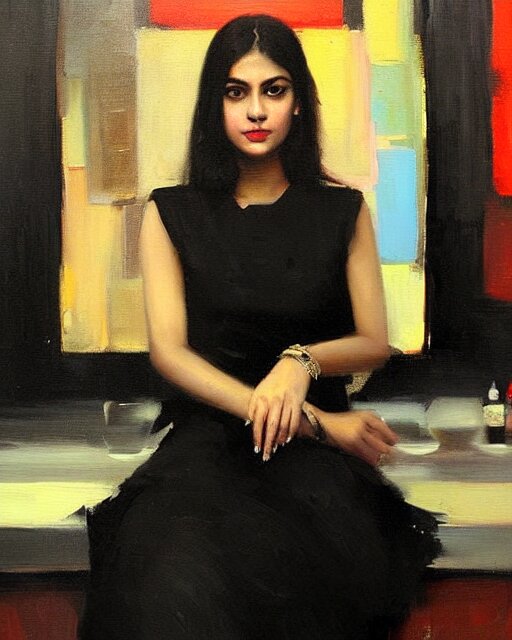 beautiful portrait painting an gorgeous delhi girl wearing a little black dress at a bar, oil painting, art by ruan jia 