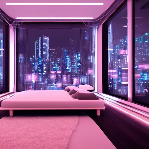 a futuristic luxury white bedroom with ceiling high windows looking out to a cyberpunk cityscape with flying cars, night time, neon lights, cinematic 3d render