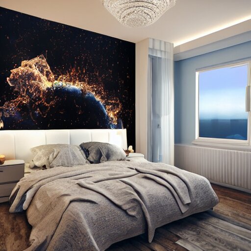 a cozy bedroom interior with wall murals painted by a genius, detailed, high resolution, wow!, intricate, volumetric lighting, raytracing 