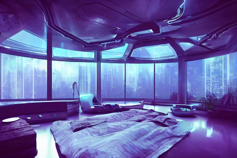 a futuristic bedroom with large curved ceiling high windows looking out to a far future cyberpunk cityscape, cyberpunk neon lights, raining, scifi