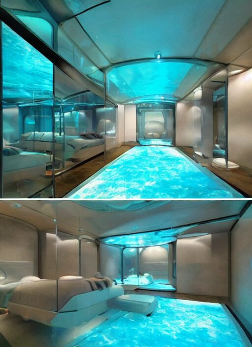 a futuristic sci - fi underwater home with mirrored walls, dreamatic lighting 