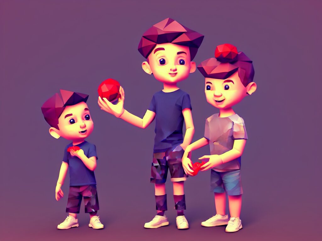 a young boy holding a toy, rolled up sleeves, character design, low poly, pinterest, 4 k 