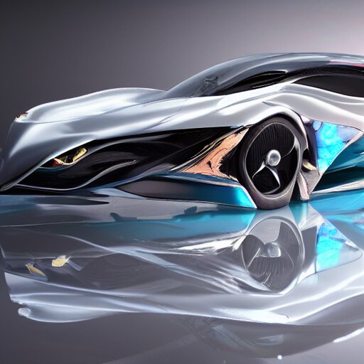 concept car with wings and iridescent paint, octane, grandure, highly detailed, reflective marble floor