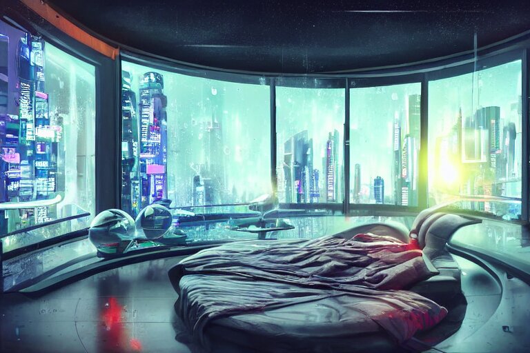 a futuristic bedroom with large curved ceiling high windows looking out to a far future cyberpunk cityscape, flying vehicles and robots passing by outside, night time, cyberpunk neon lights, raining