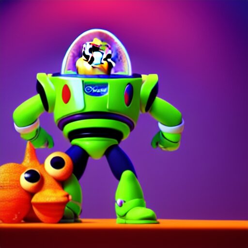 buzz light year without a head!!! with a goldfish swimming inside the visor!!! christi du toit style, octane render, artistic, vibrant colors, award winning, unreal engine, houdini render, studio light 