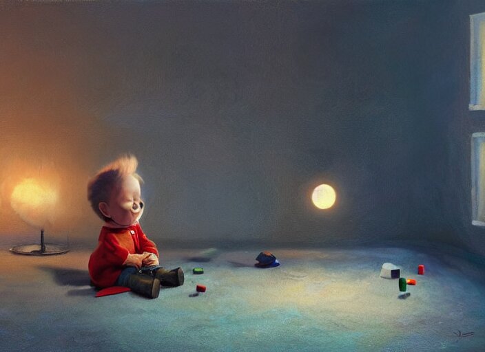 lonely toddler elon musk sitting on a shaggy rug playing with his little rockets, bedroom, realistic painting, beautiful soft lighting, istvan sandorfi 