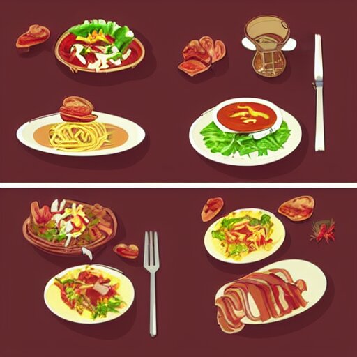 a bowl of spaghetti an omlette and a slice of bacon sitting on a bench, trending on artstation, vector 