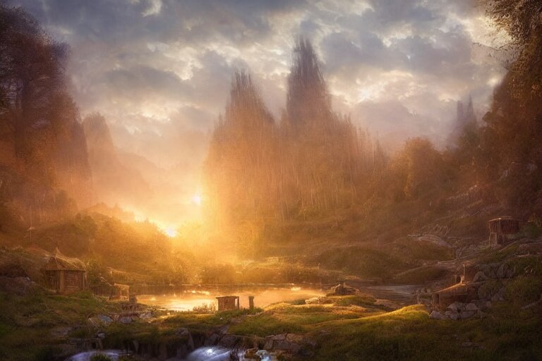 a medieval celtic village with a stream in a forested valley, sunset with ominous shadows by jessica rossier and brian froud cinematic painting 