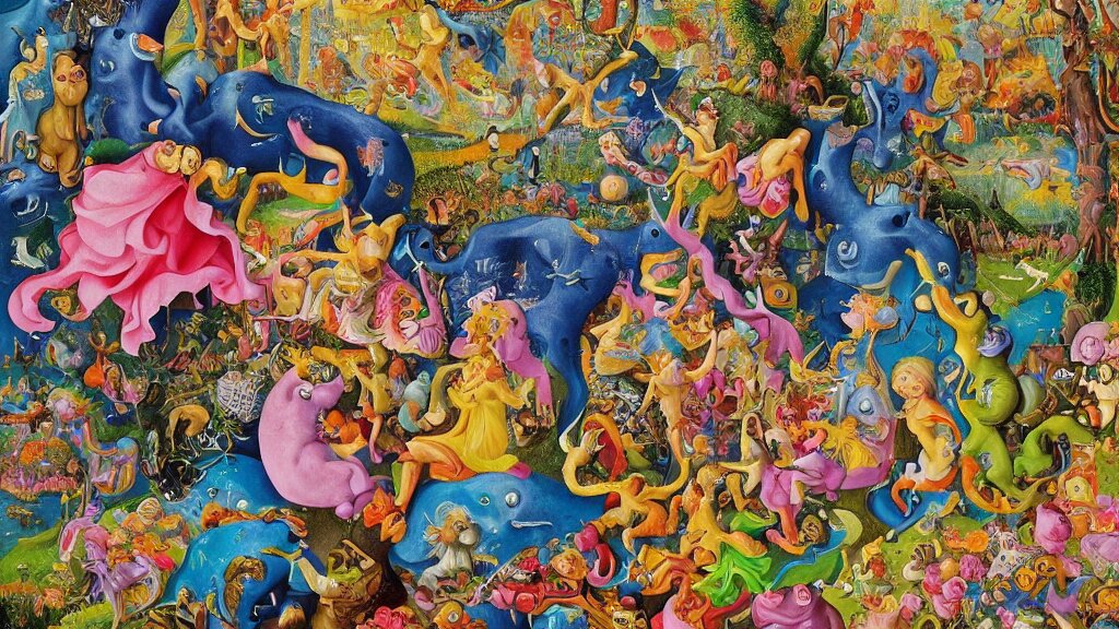 an incredibly detailed masterpiece collaborative painting by bosch and lisa frank, ornate, detailed, high resolution, wow!, intricate