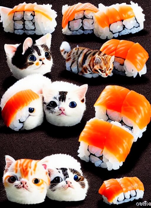 clear photorealistic picture of adorable cats made out of sushi 