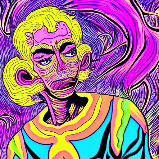 a psychedelic godlike humanoid, hyper detailed, in the style of rutkowski and junji ito and bob ross and lisa frank, selfie 