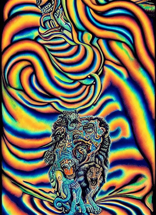 lions and tiger and bears dissolving into melted liquid braids, cubensis, aztec, basil wolverton, r crumb, hr giger, mc escher, dali, muted but vibrant colors, rainbow tubing, ribbons and folds 