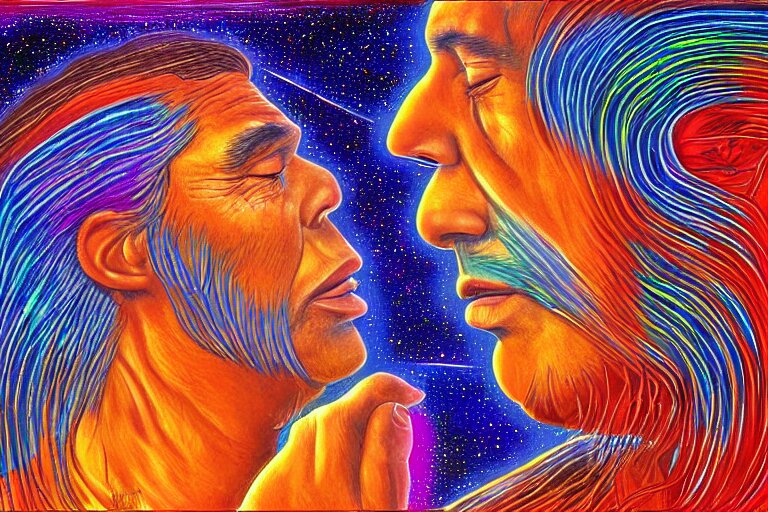 digital art of a spiritual native american man looking up at the stars, glowing light, acrylic art, universe, painting, pastel colors, alex grey, 