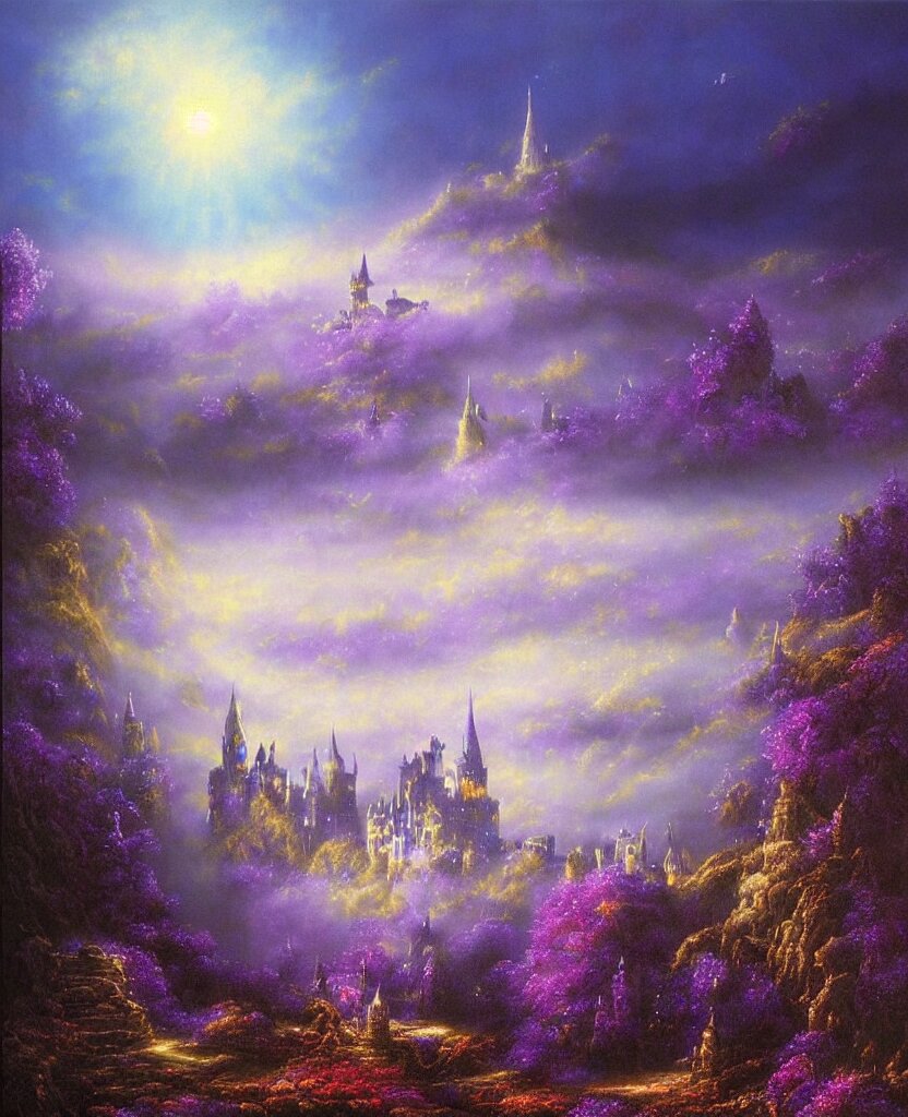 beautiful matte airbrush painting of a of a fantasy landscape with a european medieval castle made of light in the distance enveloped in trails of colorful animal ghosts floating around it, clear painting and good lighting, dark blue and intense purple color palette, mystical fog, art by gilbert williams, yoshitaka amano, high quality 