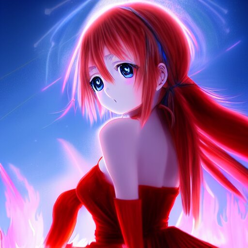 advanced digital anime art, a very cute gorgeous teenage girl made of fire and ice with red fiery watery eyes glancing over her left shoulder wearing a dress made of water is standing in an apocalyptic burning city, full body, full round face, dramatic cinematic lighting, highly intricately detailed, trending on pixiv, Artstation, painted by Rossdraws and the style of Sakimimichan