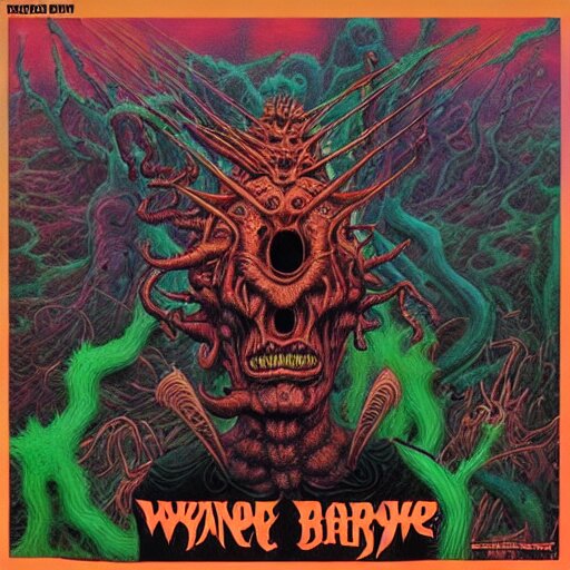 stoner metal album cover in the style of wayne barlowe and  kenny scharf and philippe druillet, realistic, insanely detailed, intricate, smooth, airbrush, play-doh