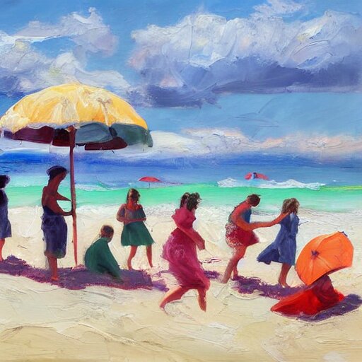 a painting of people on a beach with umbrellas, a detailed painting by Emily Mason, featured on tumblr, action painting, detailed painting, oil on canvas, painterly