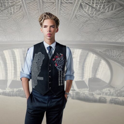 Portrait photo of adult Austin Butler with exposed dark-hair head, dressed in grey-prussian blue Tudoresque-Gigeresque casual garb, and griffin-embroidered nanocarbon-vest, in an arena in Dune 2021, XF IQ4, f/1.4, ISO 200, 1/160s, 8K