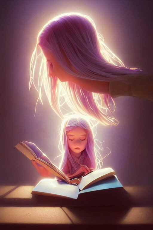 highly detailed portrait of beautiful girl reading a book, hair flowing down, in pixar inside out, dynamic pose, stephen bliss, unreal engine, fantasy art by greg rutkowski, loish, rhads, ferdinand knab, makoto shinkai and lois van baarle, ilya kuvshinov, rossdraws, tom bagshaw, global illumination, radiant light, detailed and intricate environment 