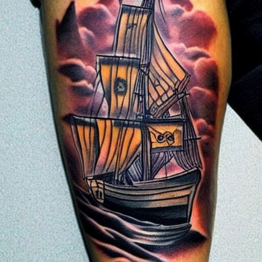 A pirate ship tattoo design in the style of Dmitriy Samohin, hyper realistic tattoo