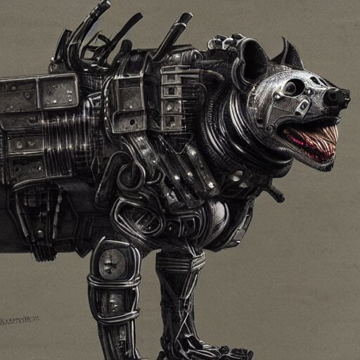 cybernetic hyena, bladerunner style, cyborg with lots of metal and wires, realistic highly detailed concept art 