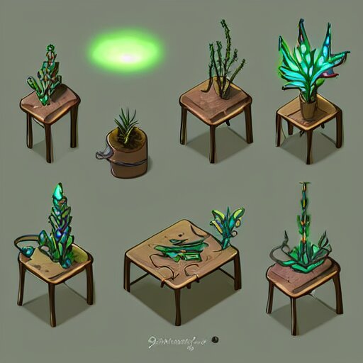 concept art 2 d game asset of furniture with an organic isometric design based on bioluminescent alien - like plants inspired by the avatar's bioluminescent alien nature. around the furniture, we can see plants that glow in the dark. all in isometric perspective and semi - realistic style item is in a black background 