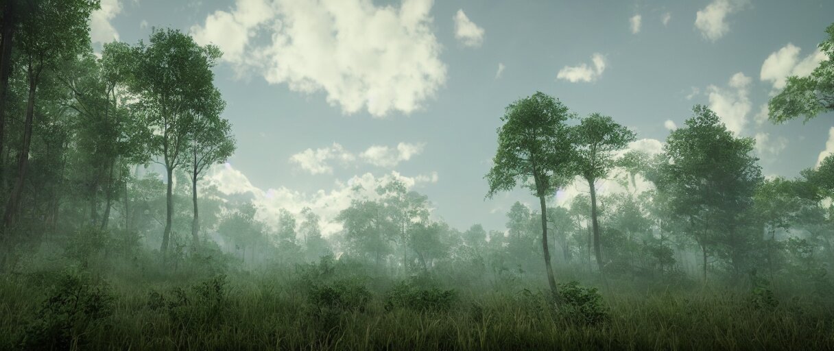 a wide shot of a forest growing on top of cumulus clouds, beautiful, stunning, serene, volumetric light, volumetric clouds, photography, color, intricate, extremely detailed, photorealistic, unreal engine 5